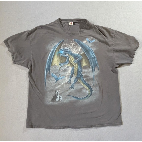 Vintage Blue Dragon T Shirt Mens 2XL Black Y2K FOTL Tag Fantasy Castle Print - Picture 1 of 10